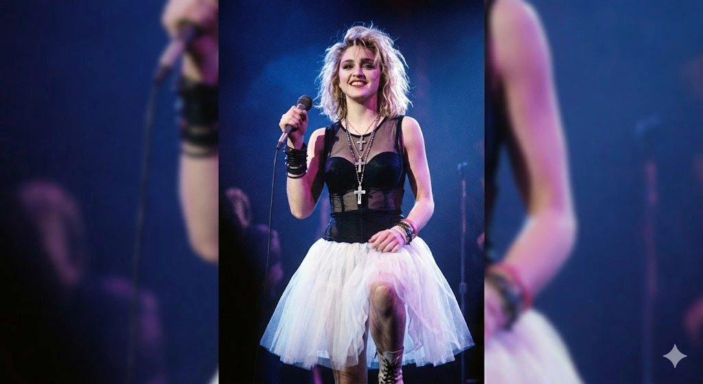 4. Madonna
Tarzı: Provokatif, sürekli değişen, asi ve sokak modasından beslenen.
Neyle Ünlendi: 80'lerde iç çamaşırını dış giyim olarak kullanması (koni sütyenler), "Like a Virgin" dönemindeki dantel eldivenleri, haç kolyeleri ve tül etekleriyle pop kültürünü ve modayı manipüle etti. Her albüm döngüsünde kendini ve tarzını tamamen yeniledi.
