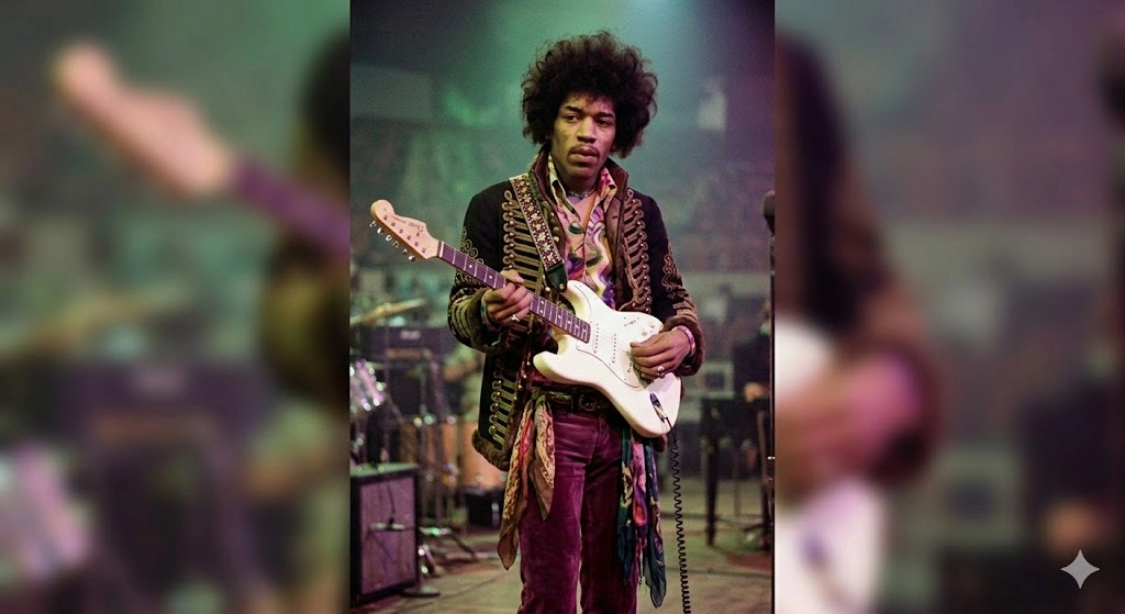 8. Jimi Hendrix
Tarzı: Psikedelik, 'Gypsy' ruhlu, gösterişli ve kuralsız.
Neyle Ünlendi: 1960'ların sonunda erkek modasında devrim yaptı. Rengarenk kadife ceketleri, fularları, geniş paçalı pantolonları, işlemeli yelekleri ve kabarık Afro saçıyla, müziğindeki özgürlüğü giyimine yansıttı. 'Hippie-Chic' ve 'Peacock Revolution' akımlarının en büyük ilham kaynağı oldu.