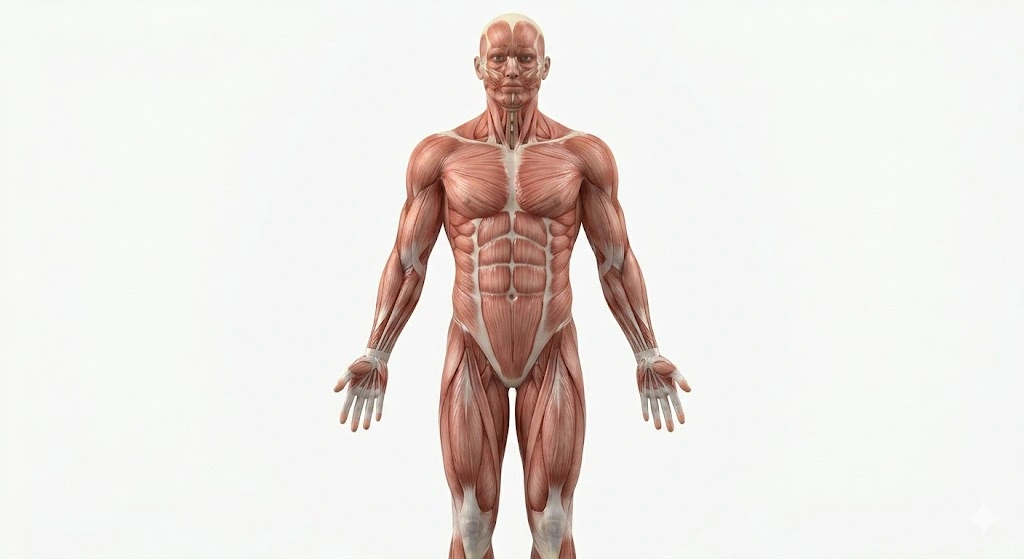 İnsan kas sisteminin anatomik yapısı: Kas sistemi, iskelet sistemine bağlanarak vücudun hareket etmesini, duruşunu korumasını ve ısı üretmesini sağlar.