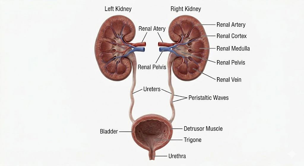 İnsan boşaltım sisteminin anatomik yapısı: Böbrekler, kanı filtreleyerek atık maddeleri ve fazla suyu idrar yoluyla vücuttan atar.