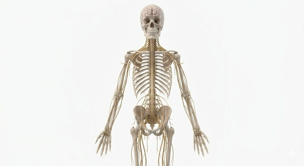 İnsan sinir sisteminin anatomik yapısı: Sinir sistemi, beyin ve omurilikten gelen sinyallerle vücudun tüm fonksiyonlarını koordine eder ve çevreye tepki vermesini sağlar.